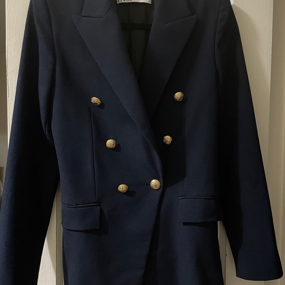 ZARA Women's Navy Wool Double-Breasted Blazer, Gold Buttons Size XS
